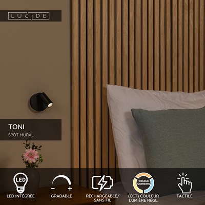 Lucide TONI - Spot mural / Applique mural Rechargeable - Batterie/Piles - Ø 8,1 cm - LED Dim. - CCT - 1x2W 2700K/4000K - Magnétique - Noir